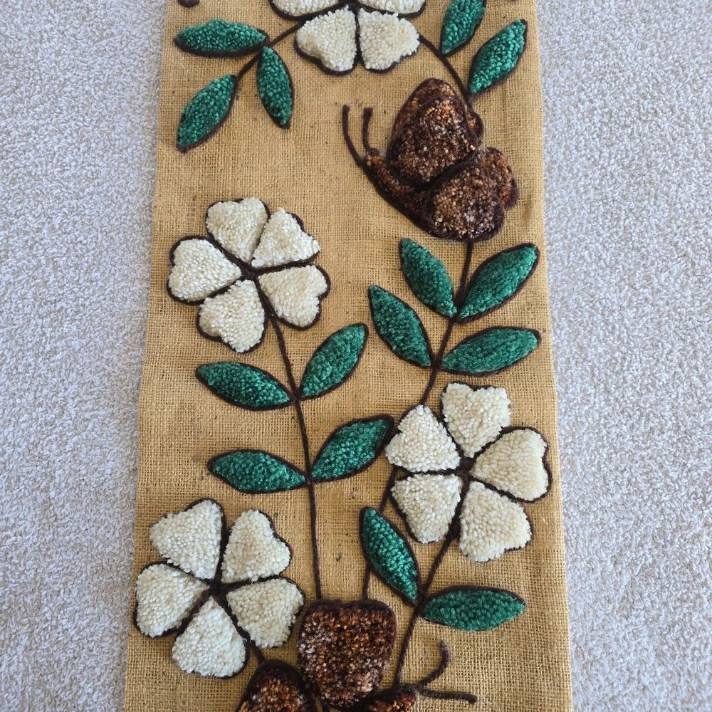 Vtg 1970's BOHO Burlap Flower Butterfly Latch Hook Completed Rug Wall‎ Hanging